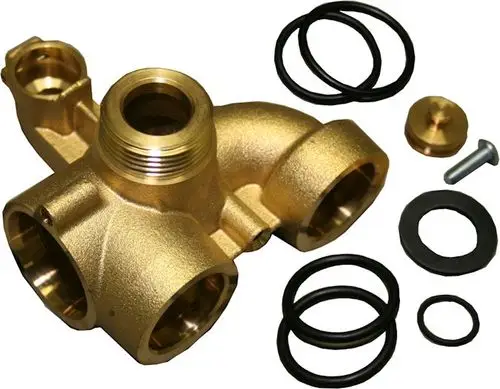 Dreiwege-Ventilgehäuse von Bosch in Goldfarbe mit Dichtungsringen, Schraube und Kappe, geeignet für Anwendungen in Heiz- oder Kühlsystemen.